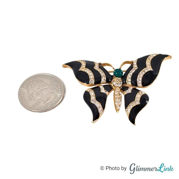 Vintage Black Enamel Butterfly Brooch with Green Cabochon & Clear Rhinestones - Picture 4 of 6